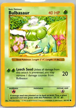 Bulbasaur 44/102 Common Base Set Shadowless Pokemon Unlimited Near Mint - Image 1