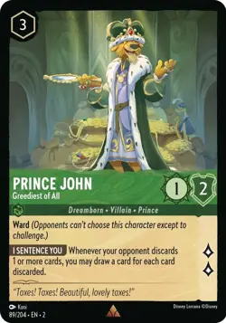 DISNEY LORCANA TCG - Rise of the Floodborn Prince John Greediest Rare 89/204 - Image 1