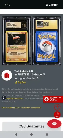 (POP 5) CGC 10 PRISTINE Pokemon Claydol 24/106 EX Emerald 2005 Card - Image 4