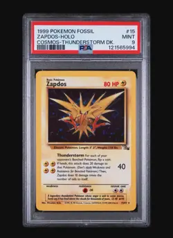 ZAPDOS 15/62 COSMOS THUNDERSTORM HOLO FOSSIL POKEMON CARD - PSA 9 MINT SWIRL 🌀 - Image 3
