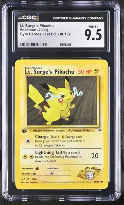 CGC 9.5 MINT+ Lt. Surge's Pikachu Gym Heroes 1st Edition 81/132 Pokemon Card - Image 1