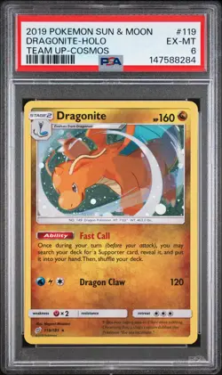 2019 POKEMON SUN & MOON TEAM UP COSMOS #119 DRAGONITE-HOLO PSA 6 - Image 1