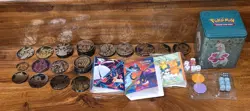 Lot Of Pokemon Collectables 3 Mini Binders, 1 Empty Tins, 45 Coins, Dices - Image 1