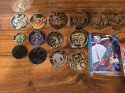 Lot Of Pokemon Collectables 3 Mini Binders, 1 Empty Tins, 45 Coins, Dices - Image 2