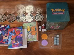 Lot Of Pokemon Collectables 3 Mini Binders, 1 Empty Tins, 45 Coins, Dices - Image 3