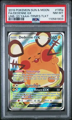Pokemon Dedenne GX SM Unbroken Bonds Trainer's Toolkit 195a/214 Alt Art FA PSA 8 - Image 1