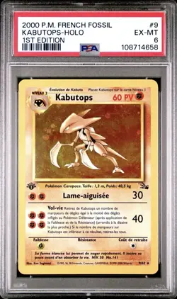 2000 Pokemon FRENCH 1st Edition Fossil Kabutops Holo 9/62 PSA 6 EX-MT - Image 1