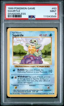 1999 POKEMON BASE SET SHADOWLESS #63 SQUIRTLE PSA 9 - Image 1