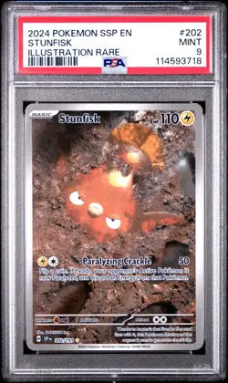 MINT✨ 2024 Pokemon SSP EN Surging Sparks Stunfisk 202 Illustration Rare PSA 9 - Image 1