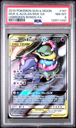 2019 POKEMON SUN & MOON UNBROKEN BONDS #197 FULL ART/MUK & ALOLAN MUK GX PSA 8 - Image 1