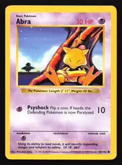 Pokemon Abra 43/102 WotC Base Set Shadowless Unlimited MP - Image 1
