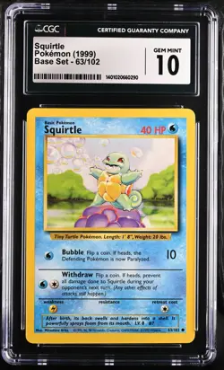 CGC 10 Squirtle 63/102 1999 Base Set Pokemon Card - Image 1
