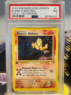 PSA 7 Blaine's Moltres 1/132 2000 Gym Heroes 1st Edition Holo Rare Pokemon Card - Image 1