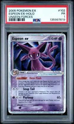 PSA 1 Espeon ex 102/115 2005 Unseen Forces Ultra Rare Pokemon Card SWIRL - Image 1