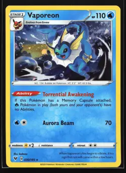 Vaporeon (Cosmos Holo) 030/185 SWSH04: Vivid Voltage Rare Pokemon Card - Image 1