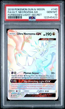 PSA 10 Pokemon Ultra Necrozma GX 140/131 Forbidden Light Rainbow Secret Rare - Image 1