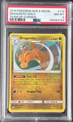 2019 POKEMON SUN & MOON TEAM UP COSMOS #119 DRAGONITE-HOLO PSA 8 - Image 1