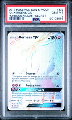 2018 POKEMON SUN & MOON FORBIDDEN LIGHT SECRET #139 FULL ART/XERNEAS GX PSA 10 - Image 1