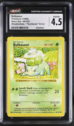 CGC 4.5 Bulbasaur 44/102 Shadowless "sunbeam" Error Base Set Pokemon Card - Image 1