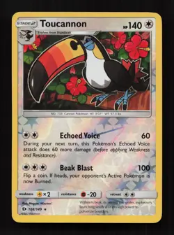 Toucannon 108/149 Rare Sun & Moon Pokemon Reverse Holo Near Mint - Image 1