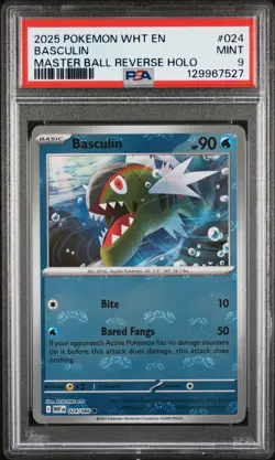 2025 POKEMON WHT EN-WHITE FLARE MASTER BALL REVERSE HOLO #024 BASCULIN PSA 9 - Image 1