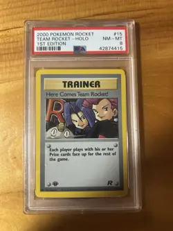2000 Pokemon Team Rocket First Edition Here Comes Rocket! Holo #15/82 PSA 8 - Image 1