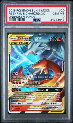 2019 POKEMON SUN & MOON UNBROKEN BONDS #20 RESHIRAM & CHARIZARD GX PSA 10 - Image 1