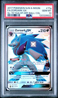 2017 POKEMON S&M SHINING LEGENDS #77a FA/ZOROARK GX SL-19 YAA.HF.GRT.BALL PSA 10 - Image 1