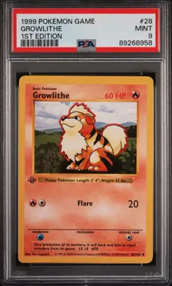 Pokemon Card Growlithe 28/102 1st Edition PSA 9 Shadowless Base Set - Image 1