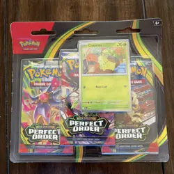 Pokemon Mega Evolution Perfect Order 3-Pack Blister Chikorita Promo Card New - Image 1