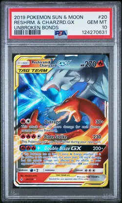 2019 POKEMON SUN & MOON UNBROKEN BONDS #20 RESHIRAM & CHARIZARD GX PSA 10 - Image 1