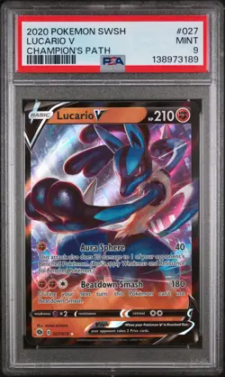 2020 POKEMON SWORD & SHIELD CHAMP'S PATH #027 LUCARIO V PSA 9 - Image 1