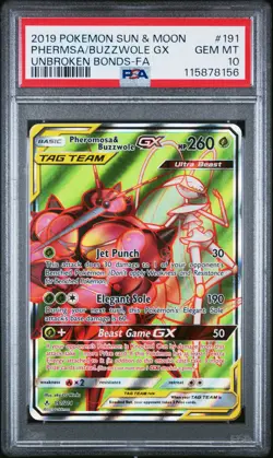 2019 POKEMON SUN & MOON UNBROKEN BONDS FULL ART/PHEROMOSA & BUZZWOLE GX PSA 10 - Image 1