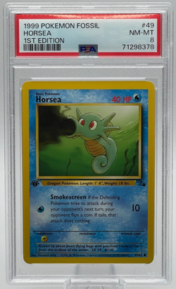 1999 POKEMON FOSSIL #49 HORSEA 1ST EDITION PSA 8 NM-MT - Image 1