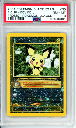 2001 POKEMON PROMO BLACK STAR POKEMON LEAGUE #35 PICHU-REVERSE FOIL PSA 8 WOTC - Image 1