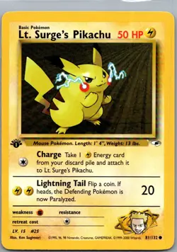 Lt. Surge's Pikachu 081/132 Gym Heroes Pokemon TCG Common NM - Image 1