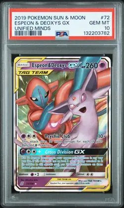 2019 POKEMON SUN & MOON UNIFIED MINDS #72 ESPEON & DEOXYS GX PSA 10 - Image 1