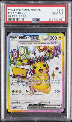 2024 POKEMON SSP EN-SURGING SPARKS ULTRA RARE #219 PIKACHU EX PSA 10 - Image 1