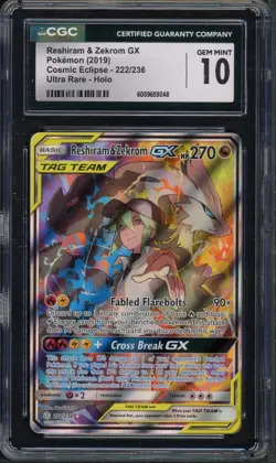 Pokemon CGC 10 Gem Mint Cosmic Eclipse Tag Team Reshiram & Zekrom GX 222/236 - Image 1