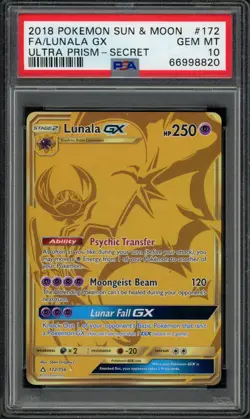 Pokemon PSA 10 Gem Mint Ultra Prism Secret Rare Lunala GX 172/156 - Image 1