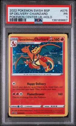 PSA 1 2022 SWSH BLACK STAR PROMO #075 SP.DELIVERY CHARIZARD POKEMON CENTER UK - Image 1