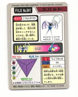 Zubat No. 041 1997 Bandai Carddass Series 3-4 Pokemon Japanese LP - Image 2