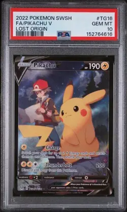 2022 Pokemon Pikachu v TG16/TG30 Swsh11 Lost Origin Full Art Holo PSA 10 - Image 1