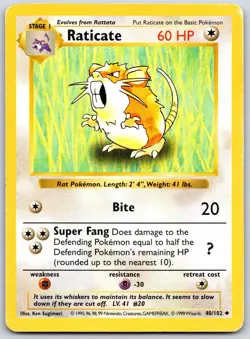POKEMON BASE SET SHADOWLESS RATICATE 40/102 UNCOMMON UNLIMITED MP - Image 1