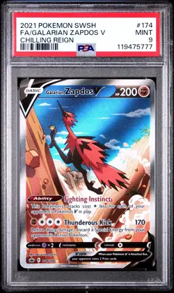 2021 Pokemon Chilling Reign Zapdos #174 Full Art Galarian V Sword PSA 9 Mint - Image 1