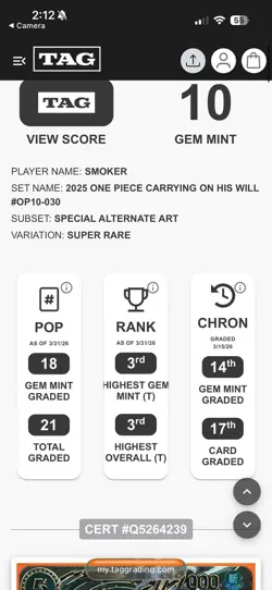2025 ONE PIECE OP13 EN Smoker SP Alt Art OP10-030 SR TAG 10 - Image 3