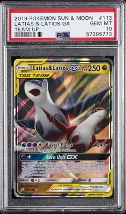2019 POKEMON SUN & MOON TEAM UP #113 LATIAS & LATIOS GX PSA 10 - Image 1