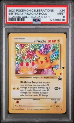 PSA 9 Birthday Pikachu Holo 24 Celebrations Classic Collection Pokemon - Image 1