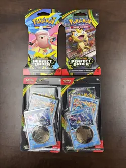 LOT 2x Pokemon TCG Mega Evolution Perfect Order Booster Clauncher Clawitzer Coin - Image 1