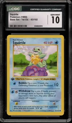 Pokemon Squirtle Base Set Shadowless 1st Edition #63 CGC 10 Gem Mint - Image 1